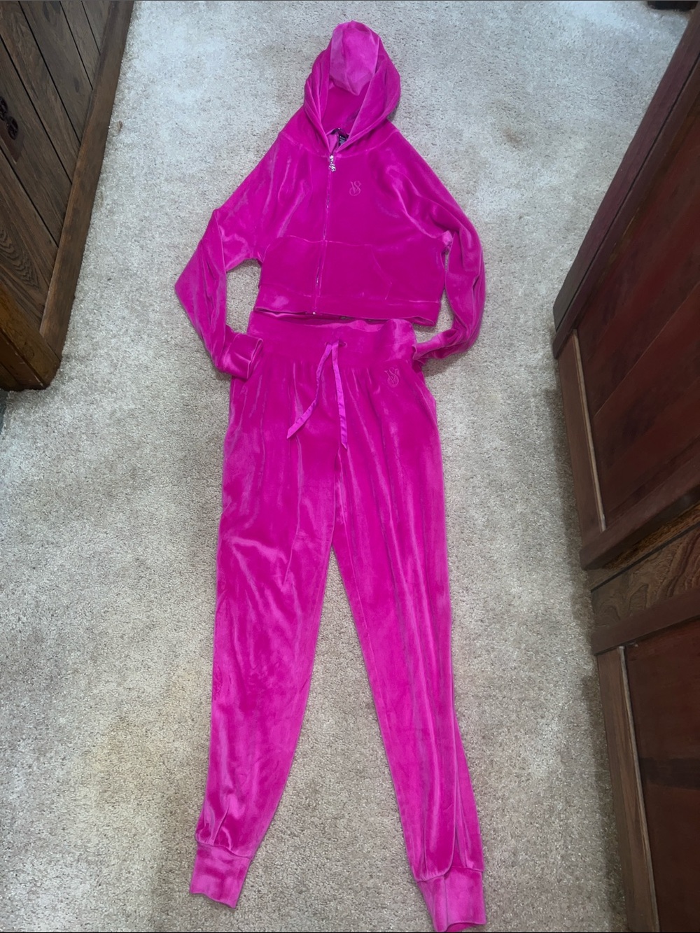 Victoria secret velour Hooded Zip Jacket and Drawstring Joggers Set - pink
